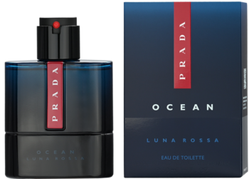 Prada Luna Rossa Ocean: butelka i pudełko męskiej wody toaletowej, ciemnoniebieskie z czerwonym paskiem PRADA.