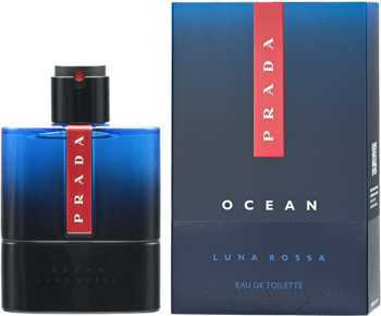 Woda toaletowa męska Prada Luna Rossa Ocean: butelka ciemnoniebieska z czerwonym paskiem obok pasującego opakowania.