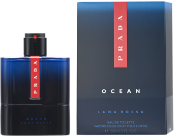 Prada Luna Rossa Ocean męska woda toaletowa, granatowa butelka i pudełko z czerwonym paskiem, widok z przodu.