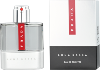Męska woda toaletowa Prada Luna Rossa: świeży zapach, butelka i pudełko z przodu, biało-szare z czerwienią.
