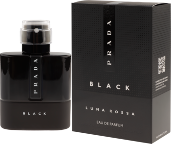 Prada Luna Rossa Black Eau de Parfum, czarny flakon z atomizerem i pudełko obok, pionowe logo PRADA.