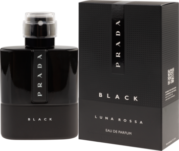 Woda perfumowana Prada Luna Rossa Black dla mężczyzn, czarna butelka ze spryskiwaczem i pudełko, widok z przodu.