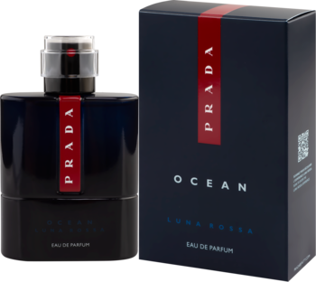 Prada Luna Rossa Ocean EDP męska, ciemna butelka i pudełko z czerwonym napisem PRADA. Ambrowo-drzewny zapach.