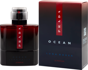 Perfumy Prada Luna Rossa Ocean. Ciemnoczerwony flakon z czarną nakrętką i czarne pudełko z pionowym, czerwonym paskiem.