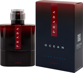 Ciemnoczerwona butelka perfum męskich Prada Luna Rossa Ocean Le Parfum i granatowe pudełko, widok z przodu.