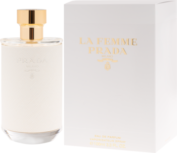 Butelka perfum Prada La Femme EDP z białą etykietą i złotą zakrętką, obok białe pudełko z złotym napisem.