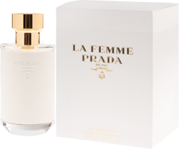 Damska woda perfumowana Prada La Femme EDP. Elegancka biała butelka i pudełko ze złotymi detalami, widok z przodu.