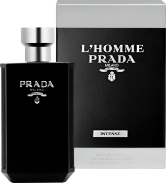 Prada L'Homme Intense EDP, czarna butelka z srebrnym korkiem i czarno-szare pudełko z napisem. Widok z przodu.
