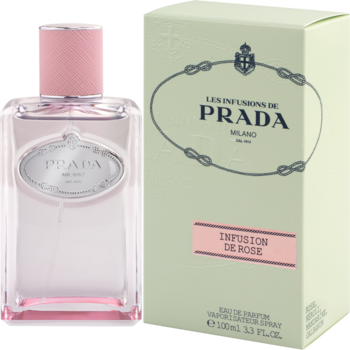 Prada Infusion De Rose EDP 100ml. Różowa butelka z srebrnym logo i różową nakrętką obok jasnozielonego pudełka.