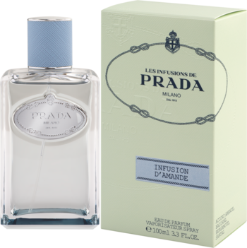 Damskie perfumy Prada Infusion d’Amande Eau de Parfum, butelka z błękitnym korkiem i jasne pudełko obok.