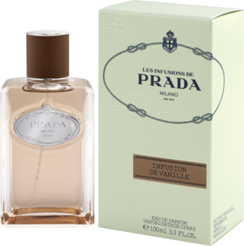 Prada Infusion de Vanille woda perfumowana dla kobiet, flakon z brązową nakrętką Saffiano i beżowe pudełko.