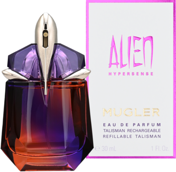 Mugler Alien Hypersense damska woda perfumowana. Unikalna fioletowo-złota butelka-talizman z pudełkiem, z przodu.