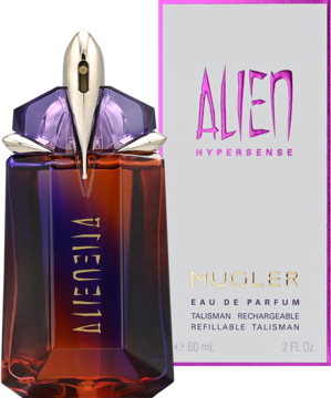Mugler Alien Hypersense, kwiatowo-drzewna woda perfumowana w fioletowo-złotej butelce, obok pudełka.