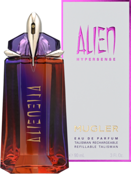 Alien Hypersense, fioletowo-bursztynowa butelka wody perfumowanej kwiatowo-drzewnej obok pudełka, przód.