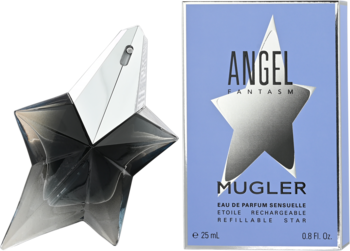 Perfumy Mugler Angel Fantasm: srebrny, fasetowany flakon w kształcie gwiazdy obok niebieskiego pudełka.