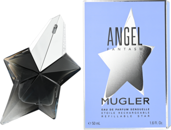 Damska woda perfumowana T. Mugler Angel Fantasm: srebrno-czarny flakon w kształcie gwiazdy i jasnoniebieskie pudełko.