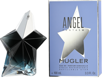 Mugler Angel Fantasm damska woda perfumowana, granatowy flakon-gwiazda obok błękitnego pudełka, widok z przodu.