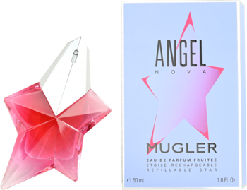 Różowa, fasetowana butelka Mugler Angel Nova w kształcie gwiazdy obok jasnoniebieskiego pudełka z napisem Angel Nova.