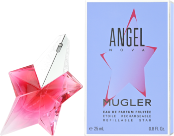 Damska woda perfumowana T.Mugler Angel Nova: różowy flakon w kształcie gwiazdy obok jasnofioletowego opakowania.
