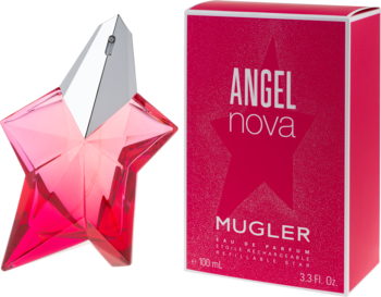 Perfumy Angel Nova Mugler Eau de Parfum w różowej butelce w kształcie gwiazdy i pasujące pudełko 100ml.