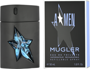 Mugler A*Men męska woda toaletowa, ciemna butelka z niebieską gwiazdą i czarne pudełko 'Rechargeable Spray'.