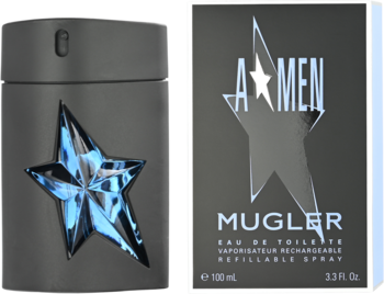 Mugler A*Men woda toaletowa męska 100ml: ciemna butelka z niebieską, fasetowaną gwiazdą i czarne pudełko z logo.