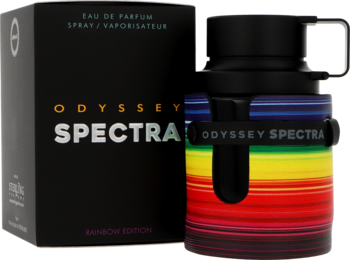 Woda perfumowana Armaf Odyssey Spectra unisex w tęczowej butelce, obok czarnego opakowania. Widok z przodu.
