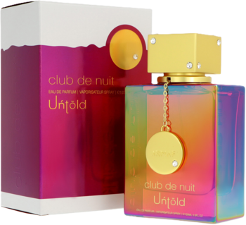 Armaf Club de Nuit Untold perfumy, irydowy flakon ze złotą nakrętką z cyrkoniami i różowo-białe pudełko, przód.