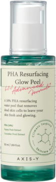 AXIS-Y PHA Resurfacing Glow Peel, zielony peeling kwasowy 10% PHA do twarzy, butelka z pompką, widok z przodu.