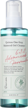 Axis-Y Quinoa One-Step Balanced Gel Cleanser, turkusowy żel w przezroczystej butelce z białą pompką, widok z przodu.