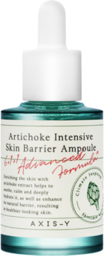 Ampułka Axis-Y Artichoke Intensive Skin Barrier z karczochem, nawilżająca, w butelce z białą pipetą, widok z przodu.