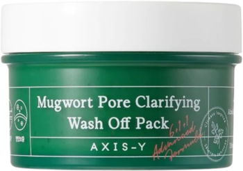 Zielona maska Axis-Y Mugwort Pore Clarifying Wash Off Pack w słoiku z białą nakrętką, widok z przodu.