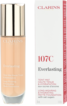 Kryjący podkład Clarins Everlasting 107C, matowy, w butelce i białym pudełku, widok z przodu.
