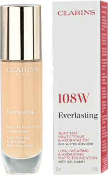 Długotrwały matujący podkład Clarins Everlasting 108W Sand w beżowej butelce i białym pudełku, z przodu.