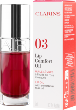 Clarins Lip Comfort Oil 03 Cherry: butelka z wiśniowym olejkiem do ust i biało-czerwone pudełko, widok z przodu.