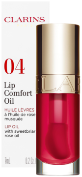 Clarins Lip Comfort Oil 04 z olejkiem różanym, czerwony w szklanej butelce, widok z boku białego opakowania.