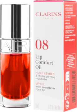 Clarins Lip Comfort Oil 08 z olejkiem z dzikiej róży, w butelce i pudełku, widok z przodu. Czerwony kolor.