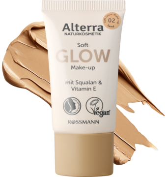Alterra Soft Glow Make-up 02, jasnobeżowy podkład do twarzy w tubce, z rozświetlającym wykończeniem, z przodu.