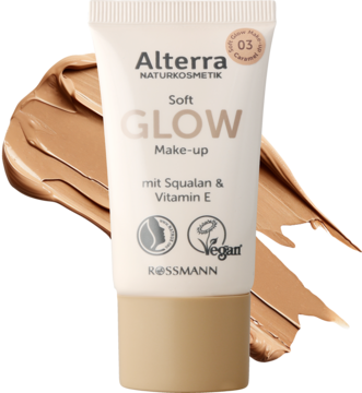 Alterra Soft Glow Make-up 03, beżowa tubka z rozmazanym podkładem, naturalne lśniące wykończenie ze skwalanem i witaminą E.