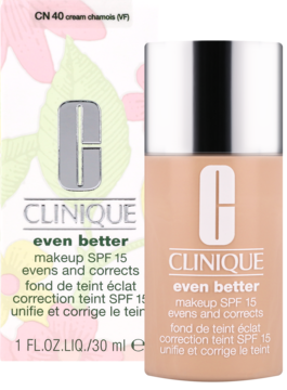 Clinique Even Better Makeup SPF 15 podkład CN 40 cream chamois, jasnobeżowa butelka i pudełko z kwiatami, widok z przodu.