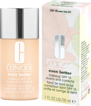 Podkład Clinique Even Better Cream Whip SPF 15 w beżowej butelce ze srebrną nakrętką i pudełkiem, widok pod kątem.