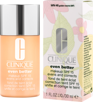 Clinique Even Better podkład rozświetlający SPF 15 Golden Neutral, butelka i pudełko z kwiatowym wzorem, widok z przodu.