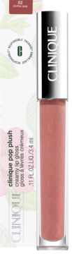 Clinique Pop Plush, kremowy błyszczyk w odcieniu 02 Chiffon Pop, przezroczysta tubka z opakowaniem Responsible Package.
