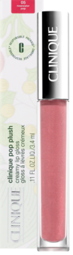 Clinique Pop Plush kremowy błyszczyk do ust, Rosewater Pop, w tubce obok białego opakowania.