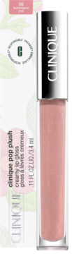 Clinique Pop Plush błyszczyk Bubblegum Pop, jasnoróżowy, w przezroczystej tubce z srebrną nakrętką, na tle białego kartonu.