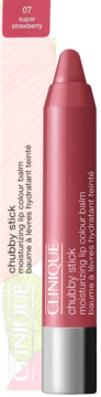 Clinique Chubby Stick 07 Super Strawberry, odżywczy balsam do ust w różowym kolorze, widok z przodu.