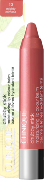 Clinique Chubby Stick 13 Mighty Mimosa, nawilżający balsam do ust w koralowej kredce, widok z opakowaniem.