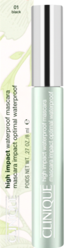 Clinique High Impact Waterproof Mascara 01 black, light green tube with silver cap, front view, on a subtle patterned background.