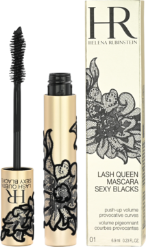 Helena Rubinstein Lash Queen Sexy Blacks czarna maskara pogrubiająca i pudełko z koronką, widok z przodu.
