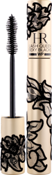 Helena Rubinstein Lash Queen Sexy Black Waterproof Mascara, beżowa tubka z czarną koronką, widok z otwartym pędzelkiem.